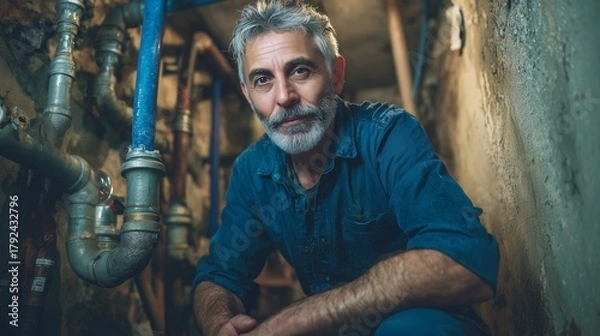 Obraz Plumber in a basement fixing a burst water pipe with various tools and pipes visible.