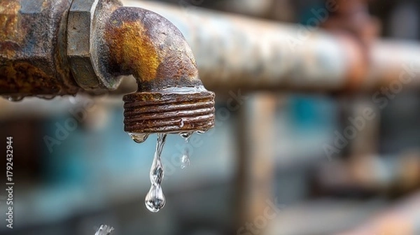 Obraz Rusty pipe leaking water, symbolizing urgent plumbing repair needs.