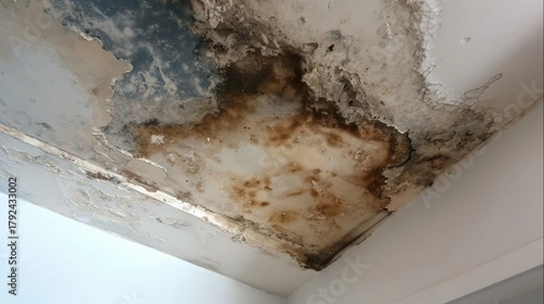 Obraz Water-damaged ceiling with mold from neighbor's leak.