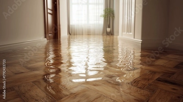 Obraz Flooded wood parquet floor with water reflecting light, symbolizing water damage and need for extraction.