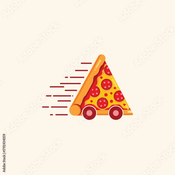 Fototapeta A whimsical pizza slice on wheels, symbolizing fast and efficient pizza delivery service with a playful design