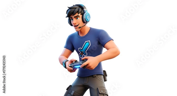 Fototapeta Cartoon Gamer Character with Headset and Controller Playing Video Games in Fun Pose PNG