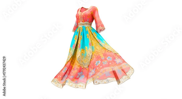 Fototapeta Isolated View of Vibrant Long Dress with Floral Patterns and Flowing Design PNG Illustration