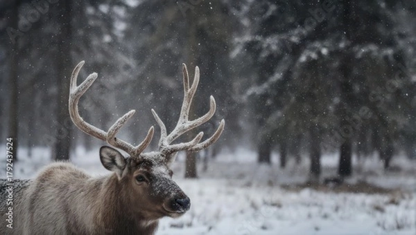 Obraz A majestic elk with large antlers stands in a snowy forest during a snowfall