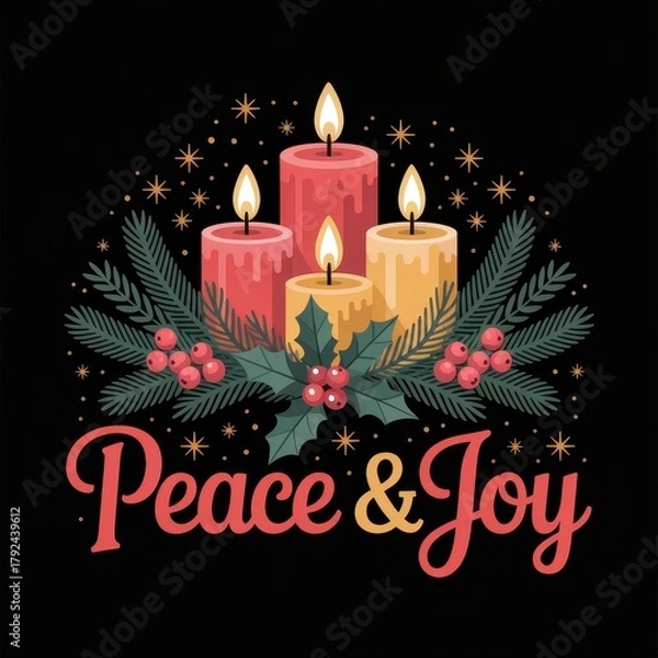 Obraz Christmas candles with holly and pine branches image