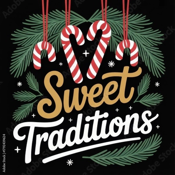 Obraz Christmas Candy Canes and Pine Branches Sweet Traditions Text
