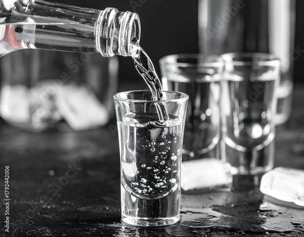 Obraz Close-up of vodka being poured into shot glasses with ice cubes, set against a dark, moody background.