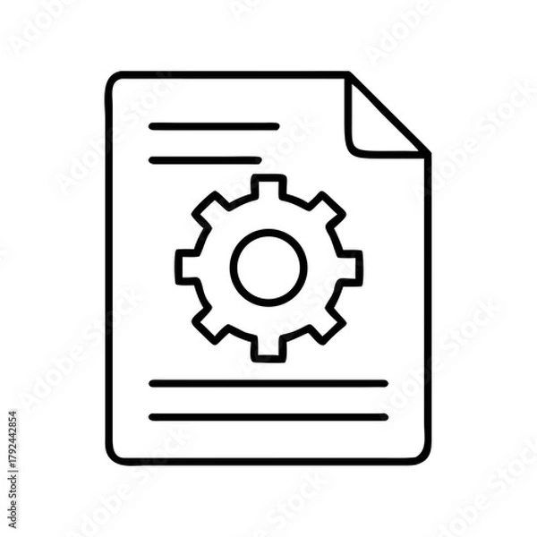 Fototapeta A document with a gear icon and lines representing text, suggesting settings or configuration, outlined design