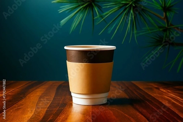 Obraz Hot black coffee mug on a wooden table in a cafe for a morning breakfast drink