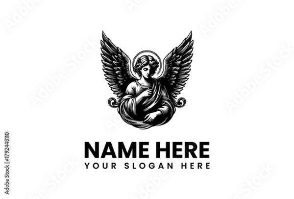 Fototapeta Black and white vector logo illustration of an angelic figure with wings, suitable for various creative branding needs