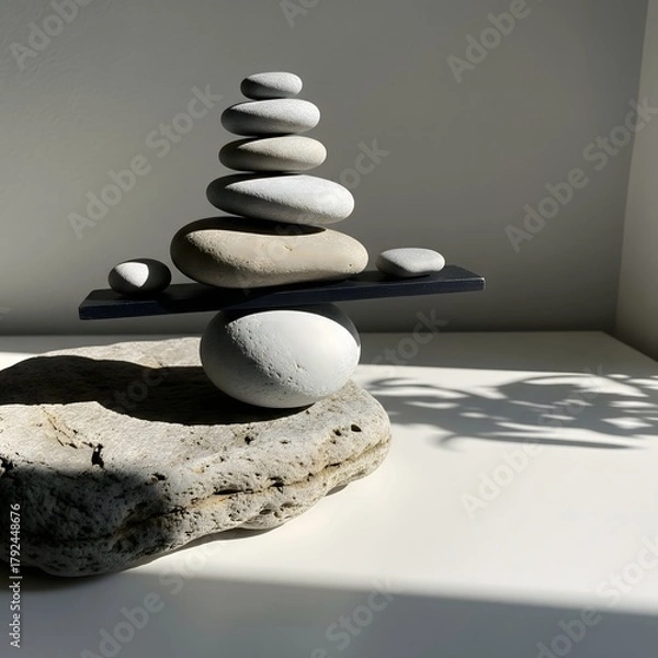 Fototapeta A meticulously balanced sculpture of smooth zen stones, showcasing harmony, stability, and the delicate nature of equilibrium in bright sunlight