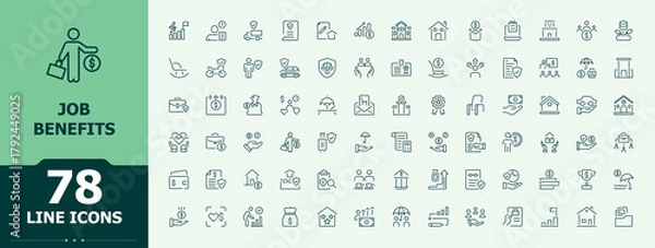 Fototapeta Job Benefits line icon set. Benefit icon set. Contains such symbols as bonus, pension, reward, insurance, assistance, benefit and more. Pictogram and infographic.