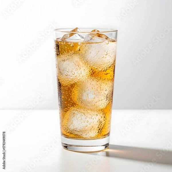 Fototapeta A refreshing tall glass of a chilled amber beverage filled with round ice cubes, isolated on a clean white studio background