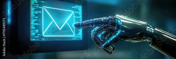 Fototapeta Futuristic Robotic Hand Holding Digital Envelope Symbol of AI Email Communication