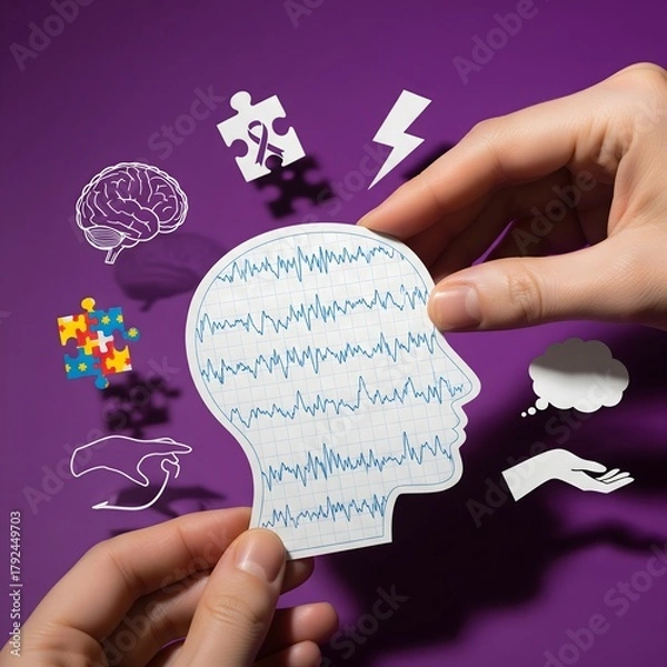 Fototapeta A conceptual composition illustrating neurological and mental health concepts with paper cutouts of a brain, EEG waves, and support symbols