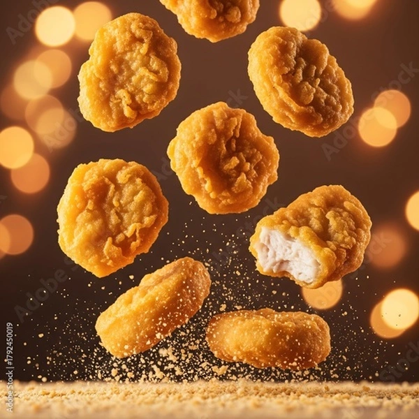 Fototapeta Dynamic action shot of golden brown battered chicken pieces floating and falling with crumbs against a warm bokeh light background
