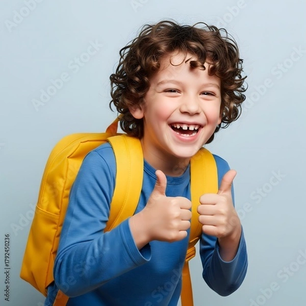 Fototapeta Portrait of an enthusiastic and cheerful little boy with a yellow backpack ready for school, showing a thumbs-up gesture