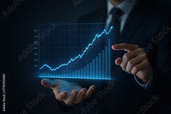 Fototapeta Business analyst displaying a futuristic data visualization hologram, showcasing upward trends in financial growth and market analytics. Concept of innovation and digital transformation in finance.