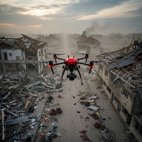 Fototapeta An aerial drone flies over the ruins of a destroyed city, surveying the extensive damage and rubble from a recent catastrophe