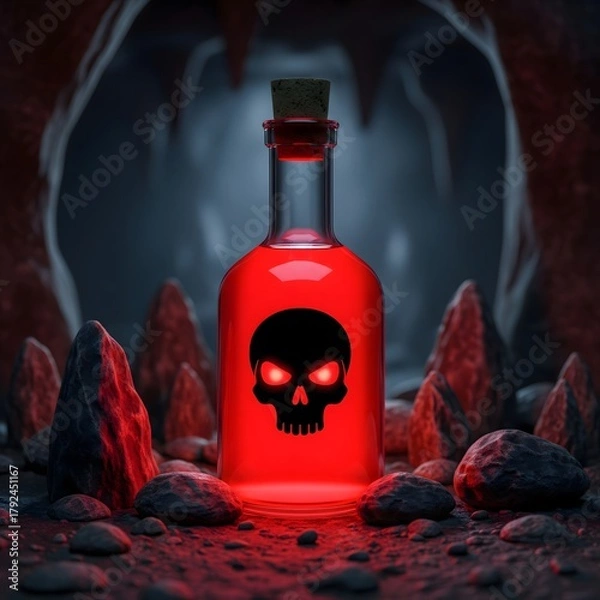 Fototapeta Lethal red liquid with a glowing skull emblem in a corked bottle, discovered in a mysterious grotto