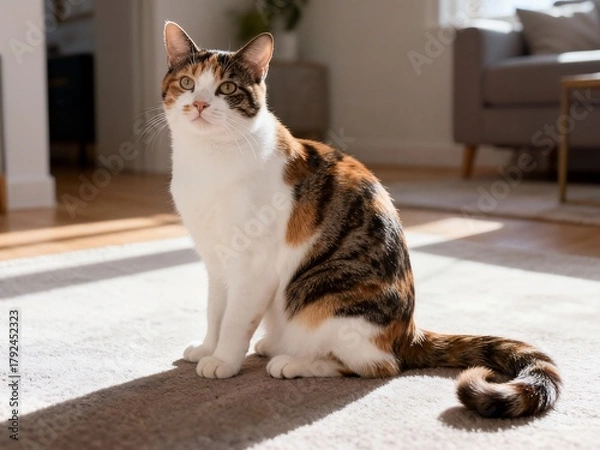 Fototapeta A beautiful calico cat with striking orange, brown, and white fur sits attentively on a cozy carpet, illuminated by warm sunlight streaming into the modern living room.