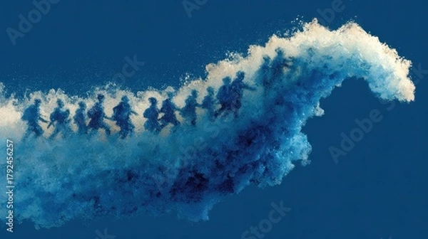Fototapeta A multitude of people ascending on a swirling cloud of blue and white smoke