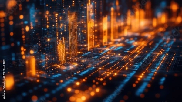 Fototapeta Abstract digital cityscape, illuminated with blue and orange light