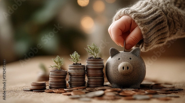 Fototapeta Child saving money with piggy bank and growing coin stacks