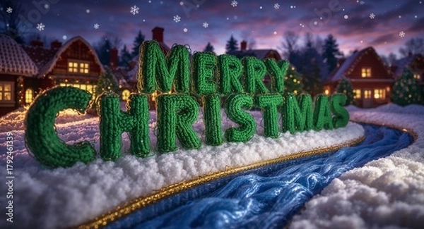Fototapeta Merry Christmas 3D text in snowy village at dusk.