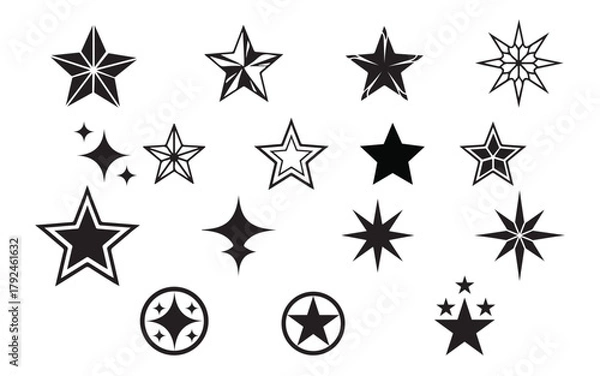 Obraz Black and White Star Icon Set – Minimal Geometric Star Symbols Vector