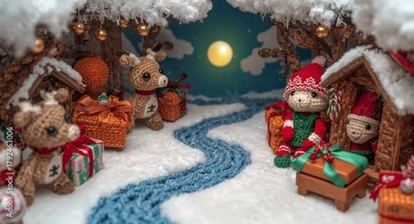 Fototapeta Cute Christmas reindeer parade through snowy handmade village.