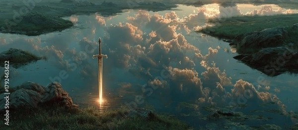 Obraz A glowing sword, plunged into a reflective lake under a cloudy sky