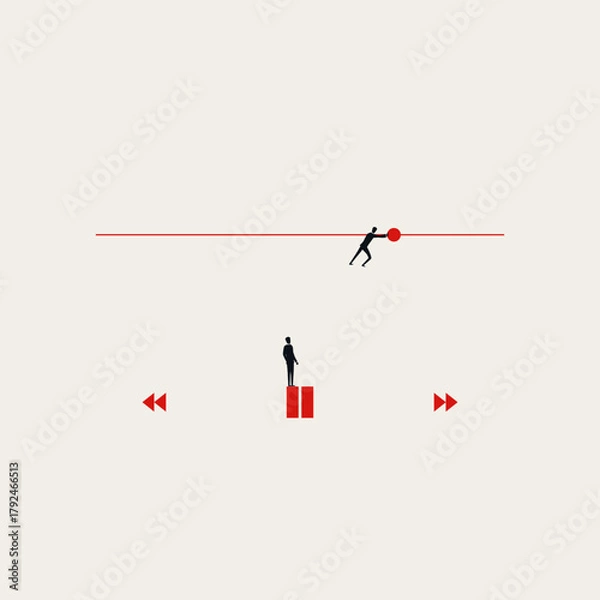 Fototapeta Conceptual illustration of businessmen interacting with a video player timeline, symbolizing time management, corporate control, progress, and workflow dynamics.
