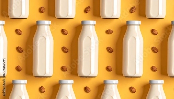 Obraz Almond Milk Bottles Pattern on Yellow Background.