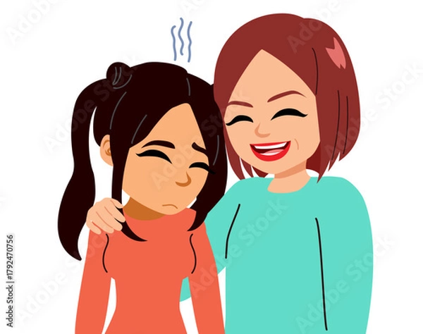 Fototapeta A warm and emotional cartoon illustration showing a mother giving advice to her sad daughter for concepts of parenting ,family love and empathy