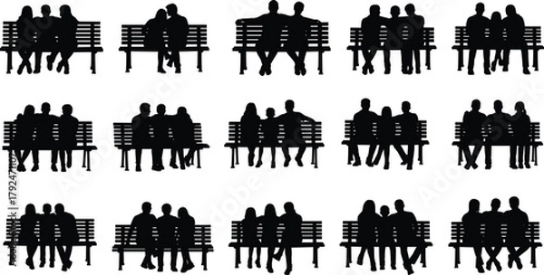 Obraz Silhouette, bench, people, sitting, interaction, social, group, community, pose, relationship, minimal, black, urban, public, park, lifestyle, emotion, gathering, resting, outdoor,