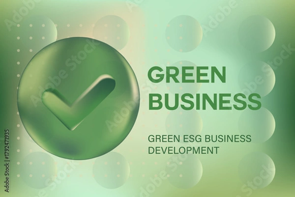 Fototapeta Abstract 3D glass texture sphere or bubble with glowing check mark icon, environment protection, green sustainability business, blurred gradient background with copy space. Digital ESG development