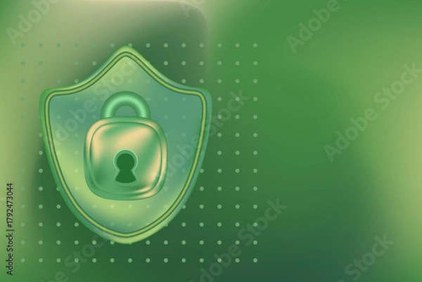 Fototapeta Abstract 3D glass texture security shield with glowing padlock icon, environment protection, green sustainability business, blurred gradient background with copy space. Digital ESG development