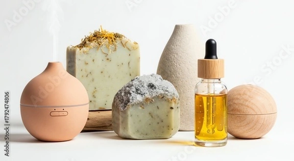 Fototapeta Aromatic spa treatment arrangement with natural soap, essential oil, and diffuser