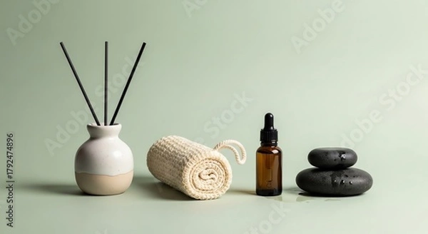 Fototapeta Spa still life with aroma diffuser, loofah, essential oil bottle and black stones isolated on green background for wellness concept