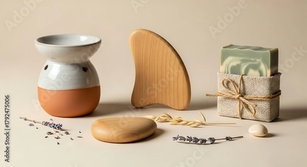 Fototapeta Spa and wellness still life with gua sha, soap, oil diffuser, and lavender on a neutral surface for relaxation