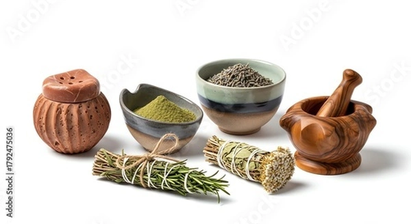 Fototapeta Assortment of natural herbs and spices in rustic containers, ideal for culinary or wellness themes