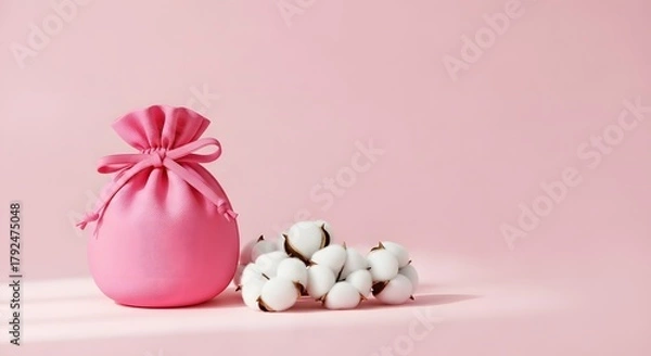 Fototapeta Pink Drawstring Pouch and Cotton Bolls on Pink Background