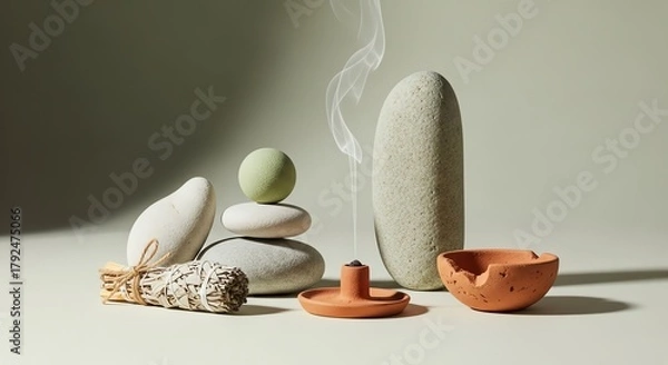Fototapeta Aromatic sage smudge stick burning with smoke, stones, and incense burner on a neutral surface for a calming wellness ritual