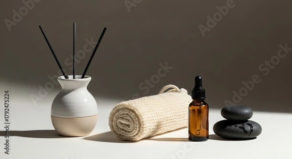 Fototapeta Aromatic spa still life, featuring reed diffuser, towel, essential oil, and black stone for relaxation and wellness