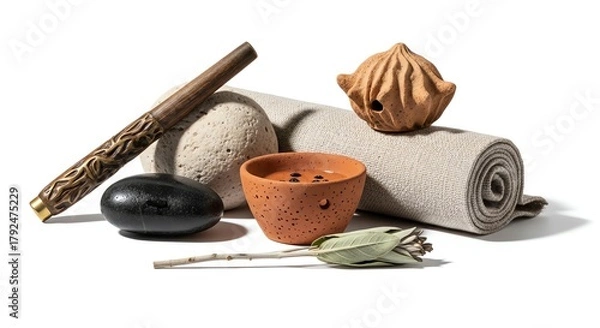 Fototapeta Spa still life with natural elements, featuring candle, stone, and towel for relaxation and wellness
