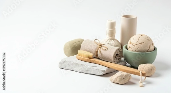 Fototapeta Spa still life featuring bath brush, herbal compress, bath bomb, loofah, pumice stone and ceramic containers
