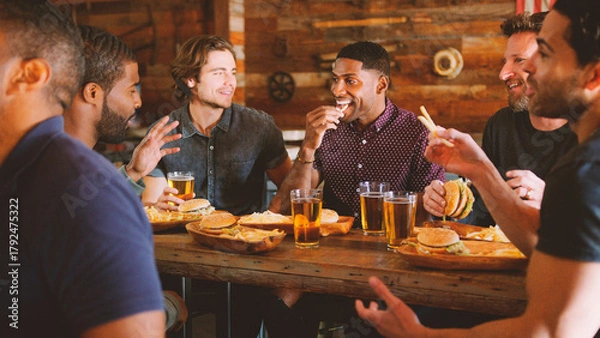 Fototapeta Male Friends Drinking Beer And Eating Burgers In Sports Bar