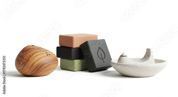 Fototapeta Minimalist spa and wellness still life featuring wooden aroma diffuser, soap bars and ceramic incense holder