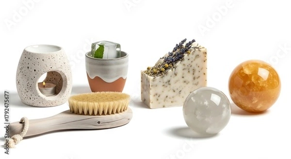Fototapeta Spa still life with natural bath products, including soap, essential oil diffuser, and a wooden brush